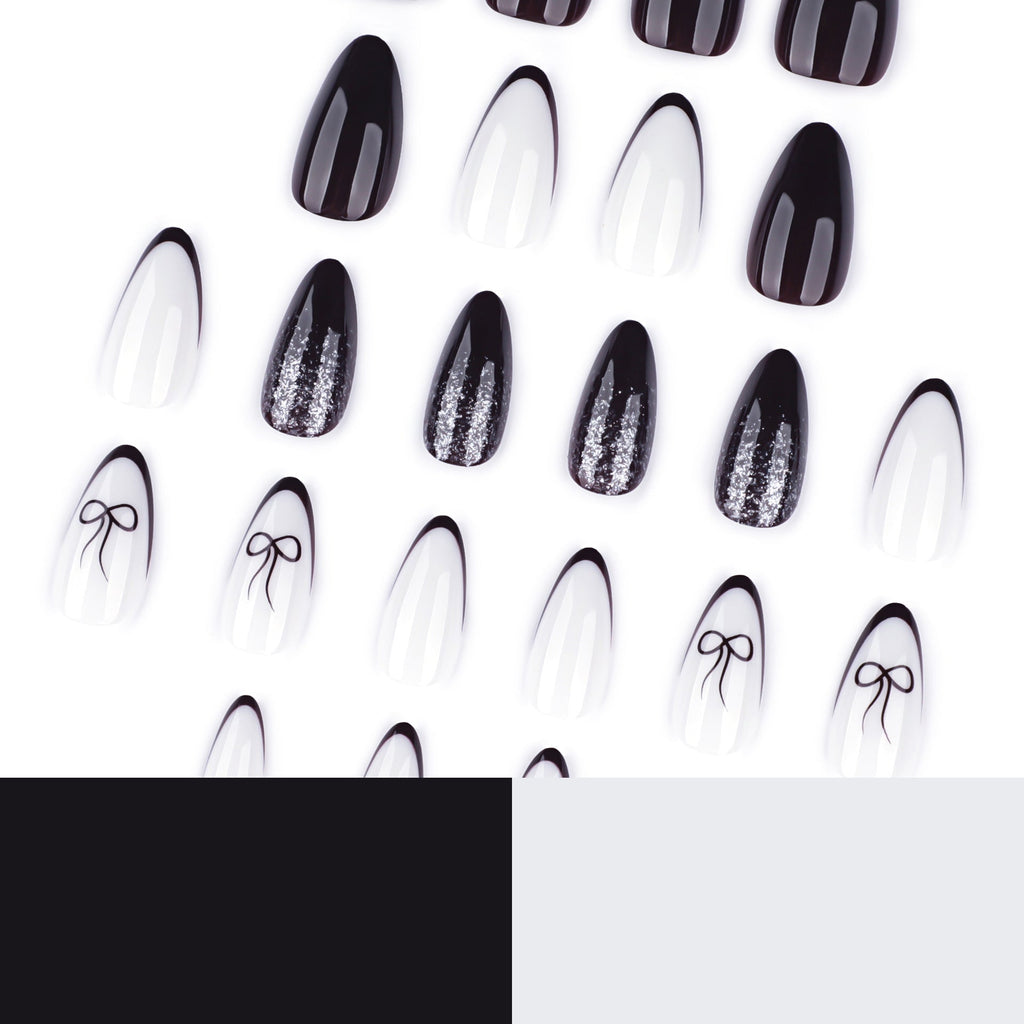 Black and White Bow Accent glossy press-on nails