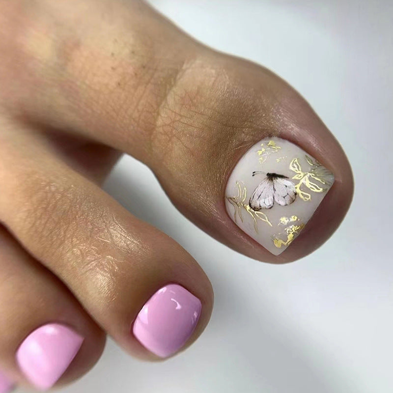 Pink Butterfly Gold press-on toenails