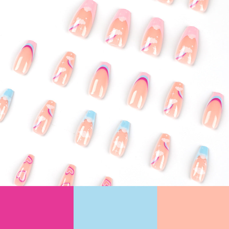 Rainbow Cloud French heart press-on nails