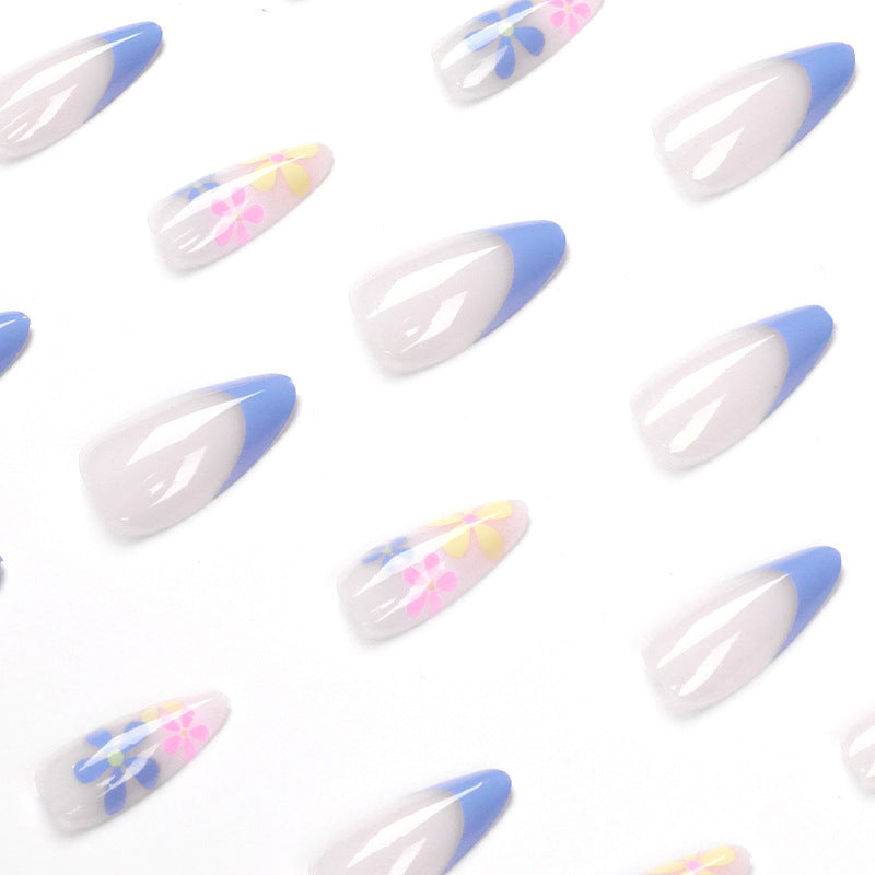 Blue Blossom French medium floral press-on nails