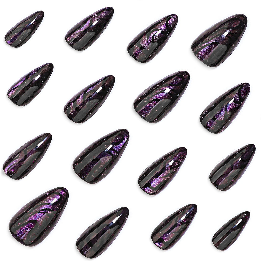 Iridescent Noir shimmer stiletto press-on nails