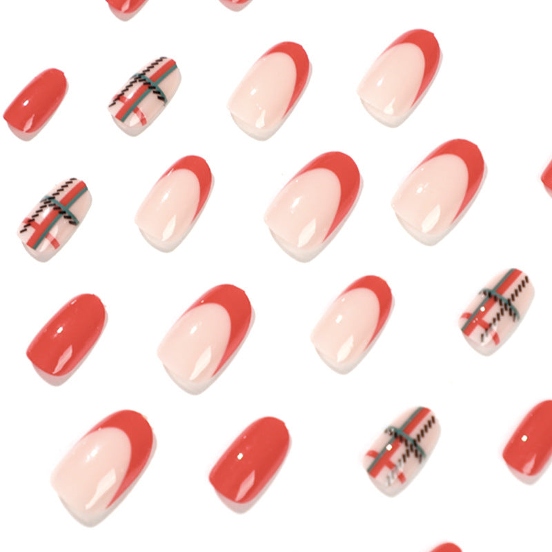 Holiday Plaid short red and green press-on nails