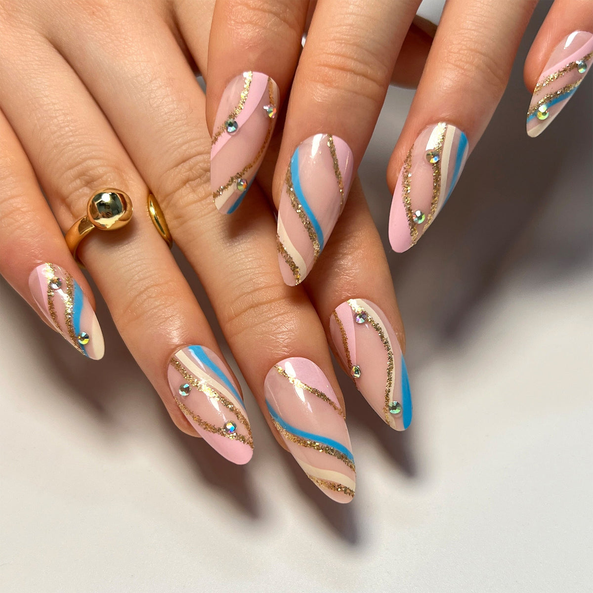 Gilded Stripe glitter almond press-on nails