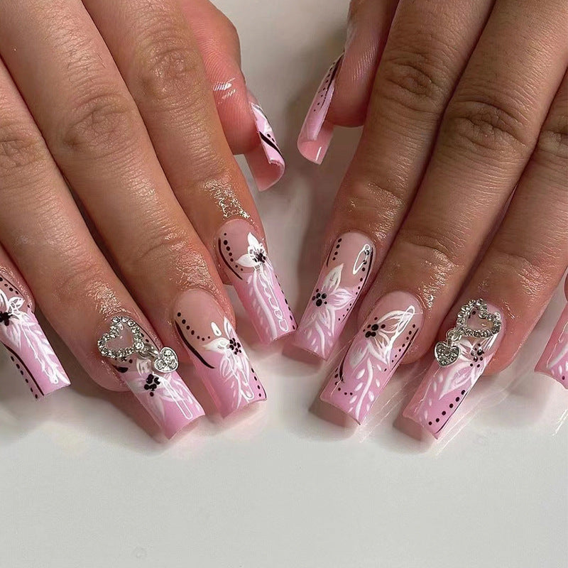 Pink Mosaic Heart rhinestone long press-on nails
