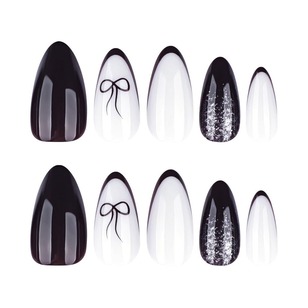 Black and White Bow Accent glossy press-on nails