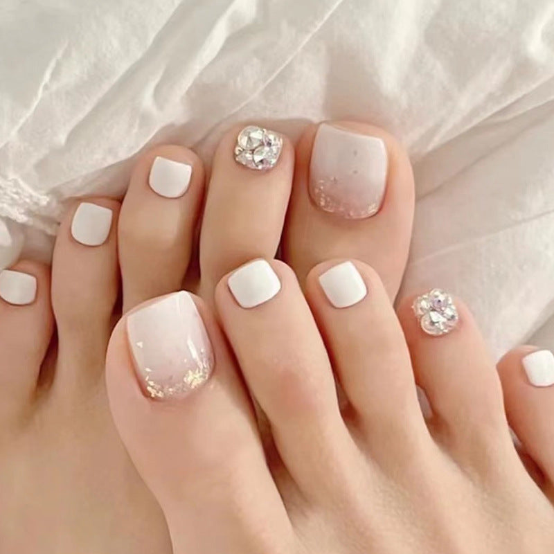 White Crystal rhinestone press-on toenails