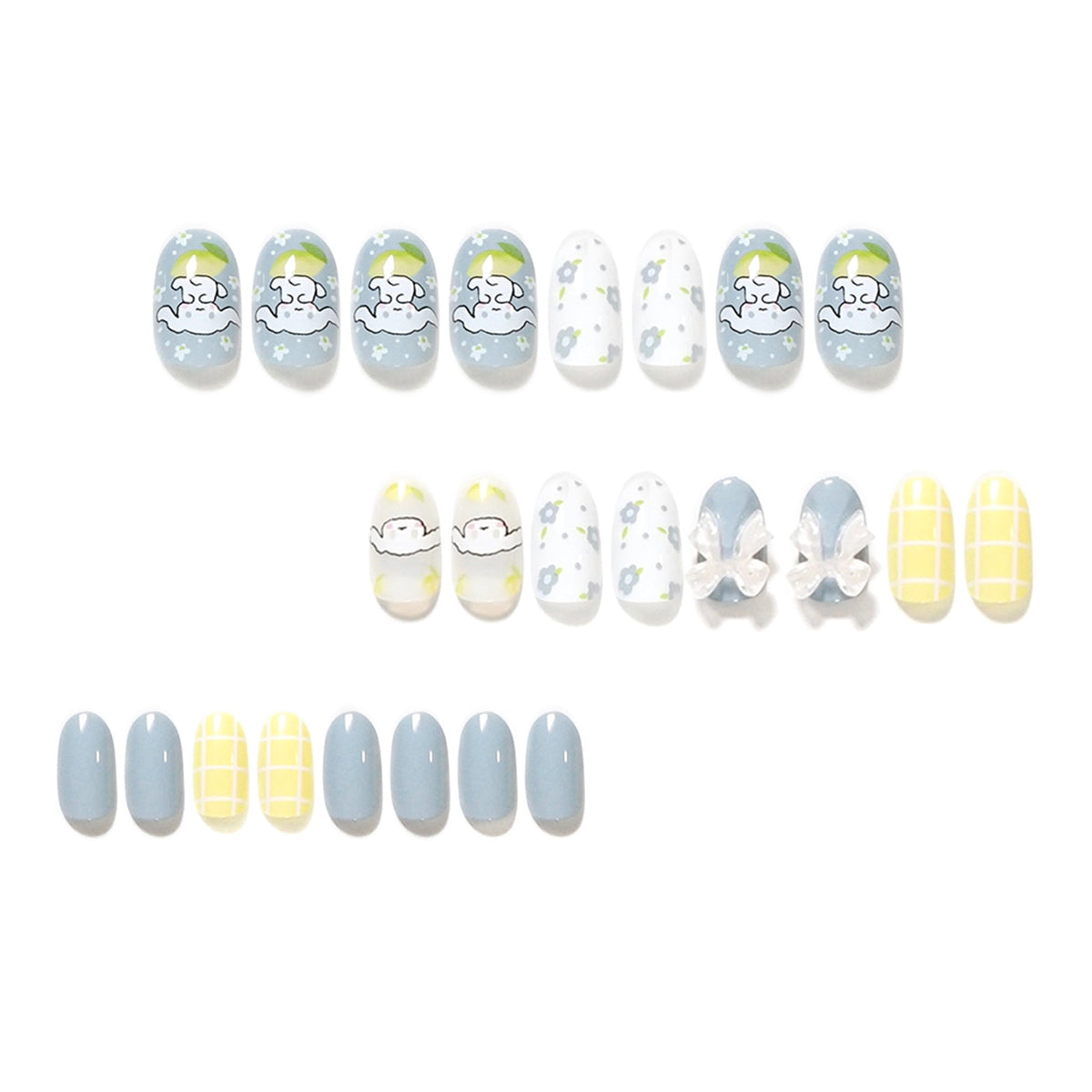 Lemon Bow Garden 3D floral oval press-on nails