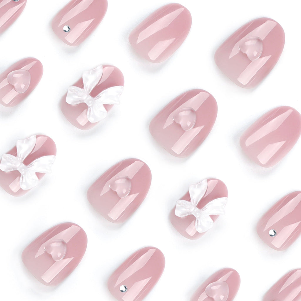 Blush Bow Heart pink press-on nails