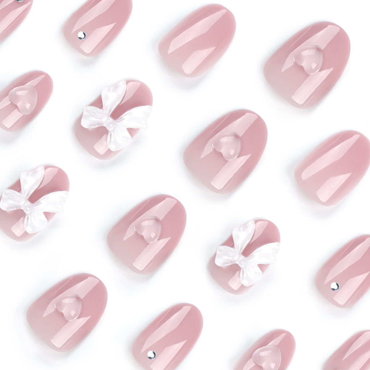 Blush Bow Heart pink press-on nails