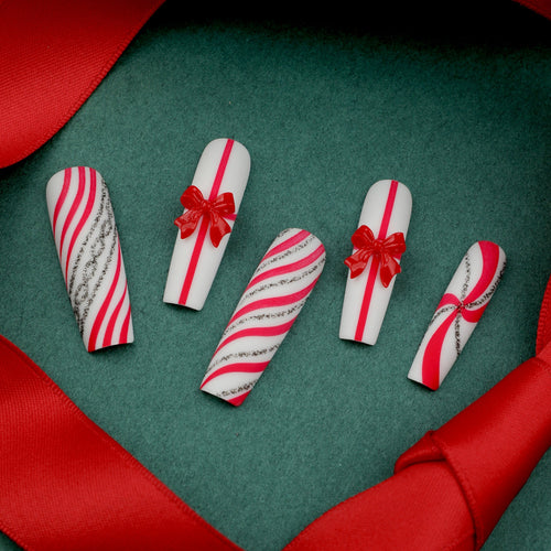 Candy Cane Bow extra long holiday press-on nails