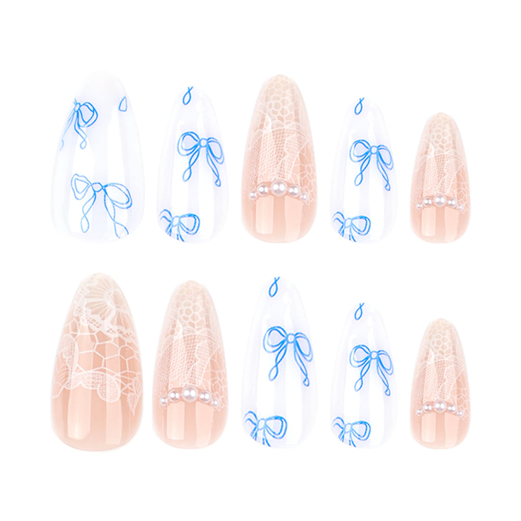 Blue Bow French medium almond press-on nails