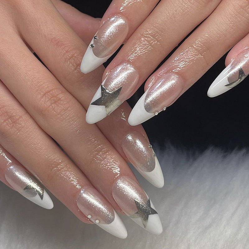 Silver Star French rhinestone press-on nails