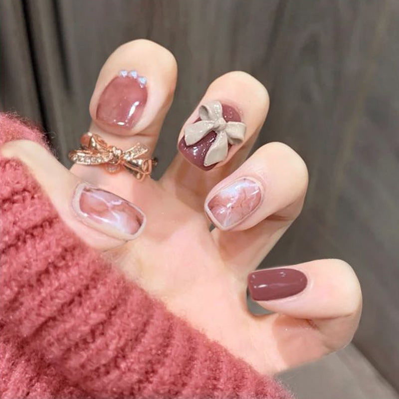 Ruby Pearl Bow short press-on nails