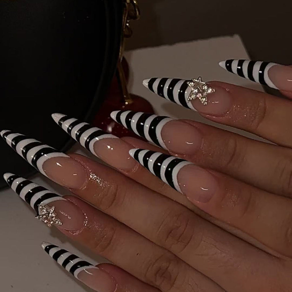 Zebra Star Rhinestone long pointed press-on nails