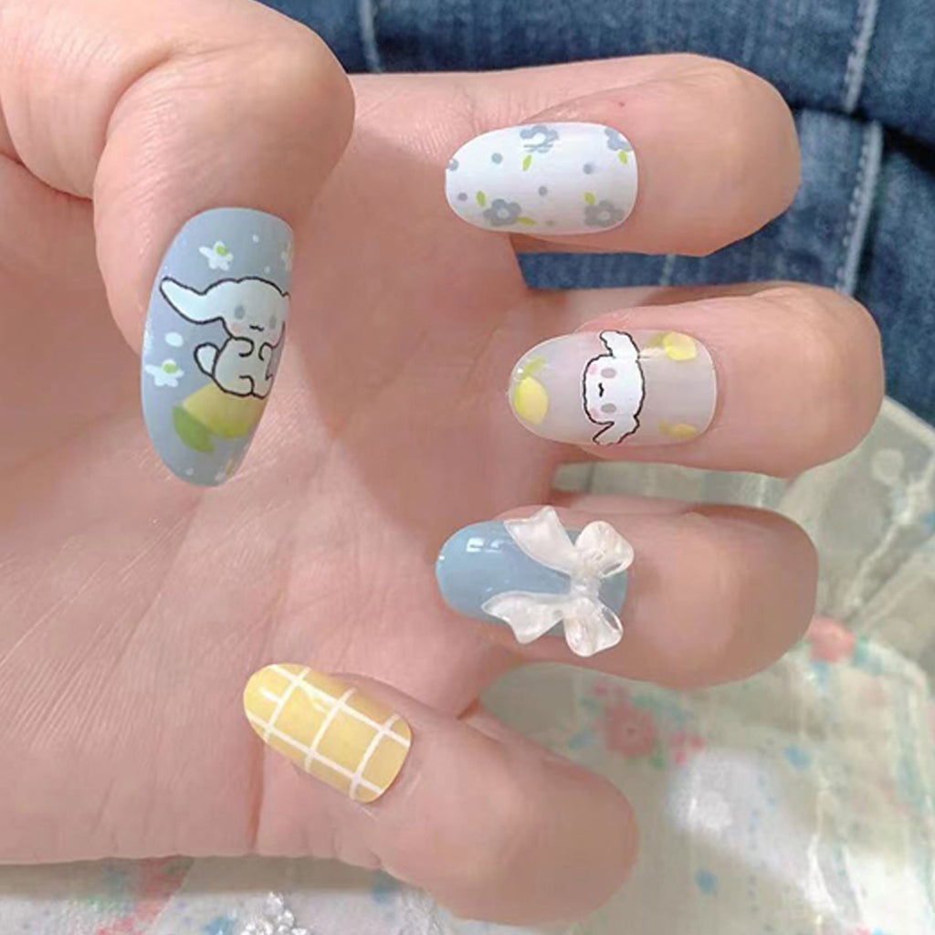 Lemon Bow Garden 3D floral oval press-on nails