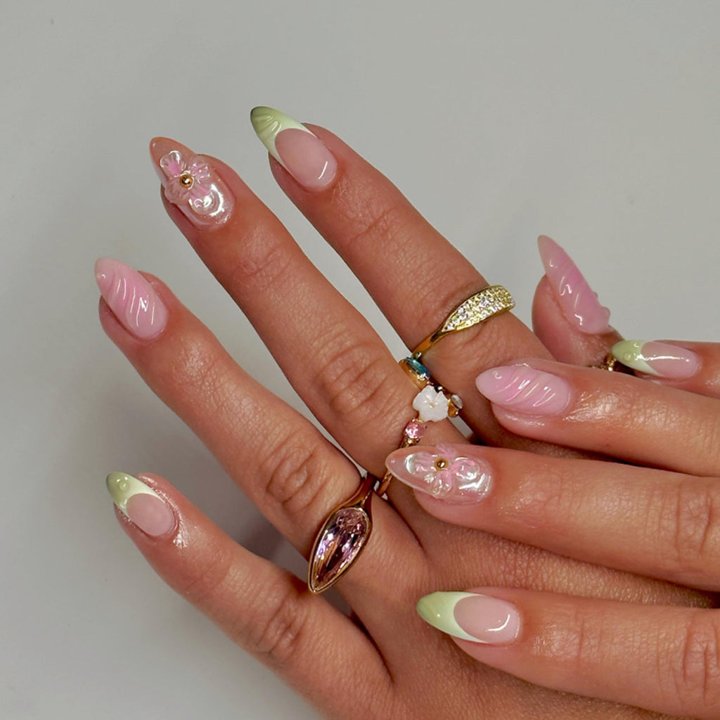 Sage Blossom French 3D short almond press-on nails