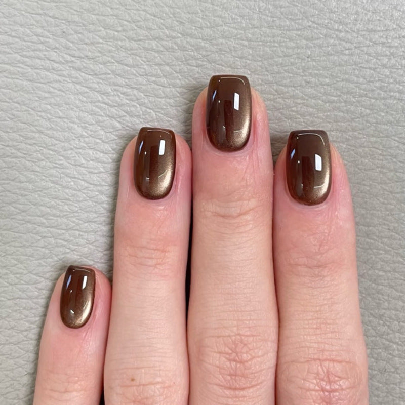 Cocoa Glow metallic short square press-on nails