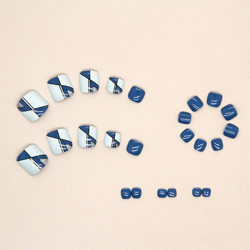 Sea Blue Stripe press-on toenails