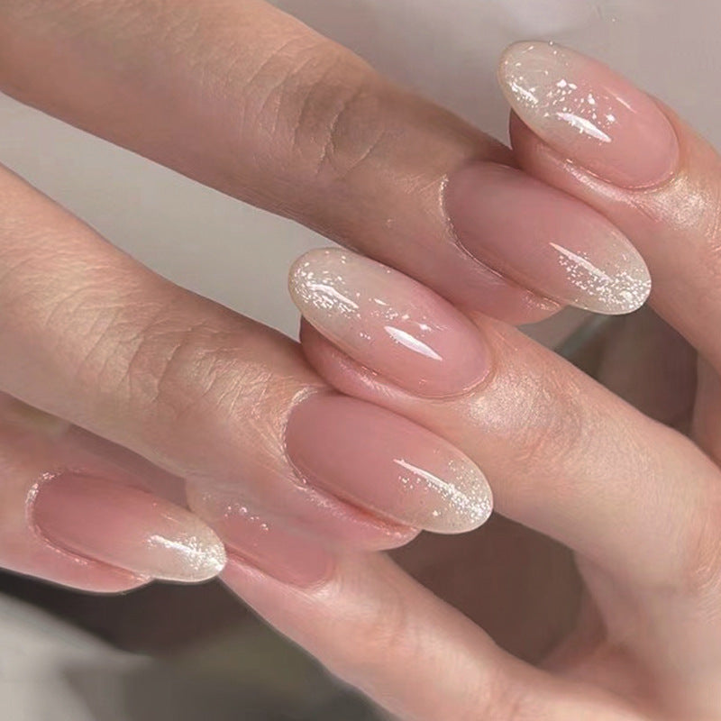 Glitter French short oval press-on nails