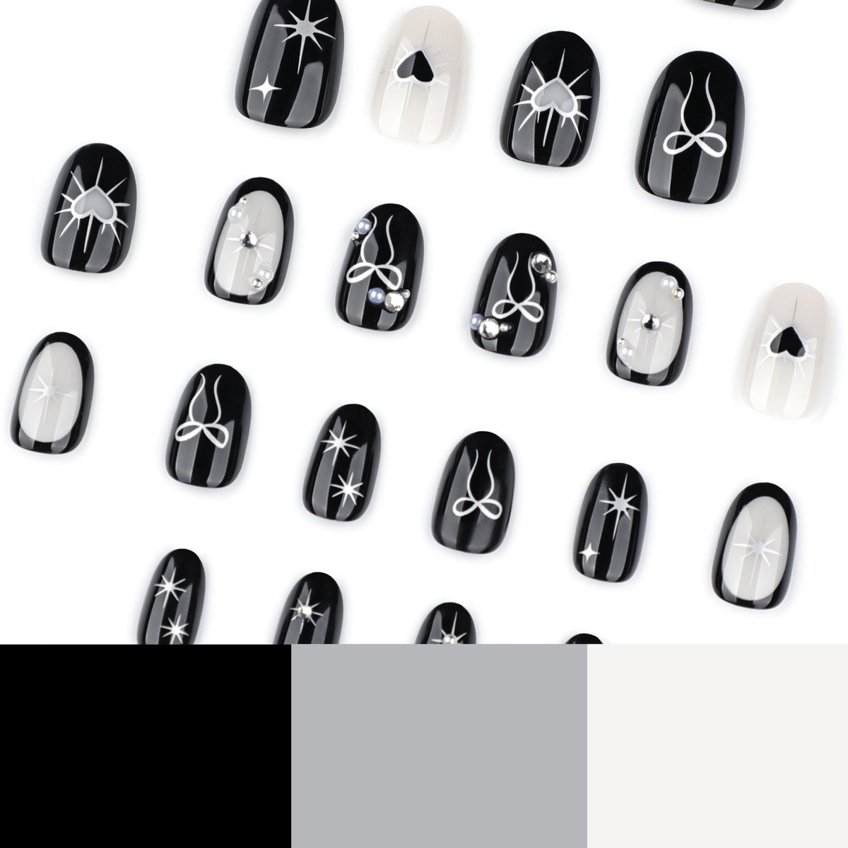 Pearl Bow Noir black and white heart press-on nails