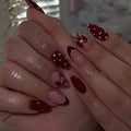 Burgundy Dot Bow glossy almond press-on nails