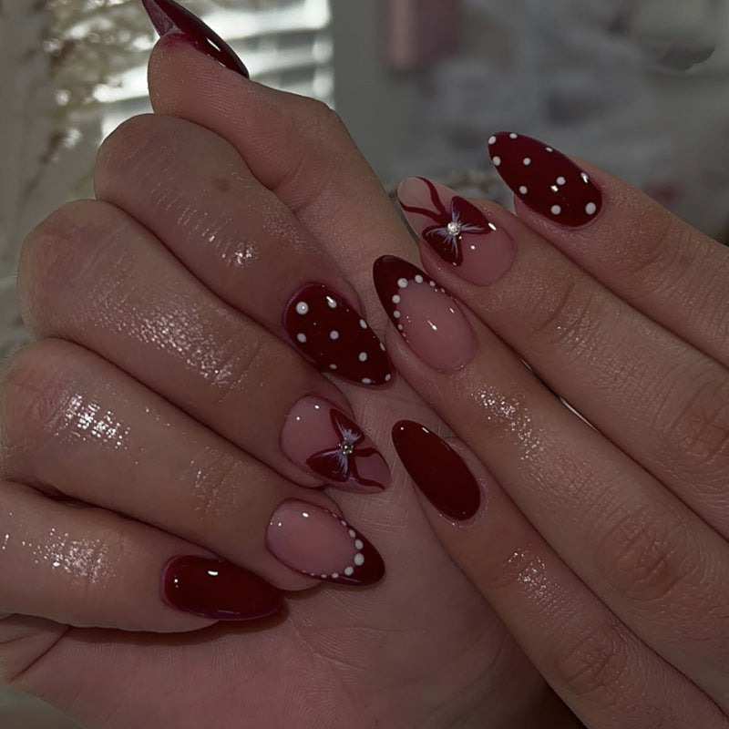 Burgundy Dot Bow glossy almond press-on nails