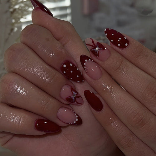 Burgundy Dot Bow glossy almond press-on nails