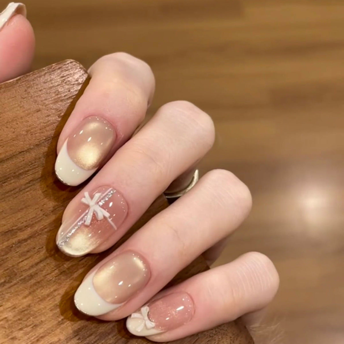 Beige Cat Eye French short oval press-on nails