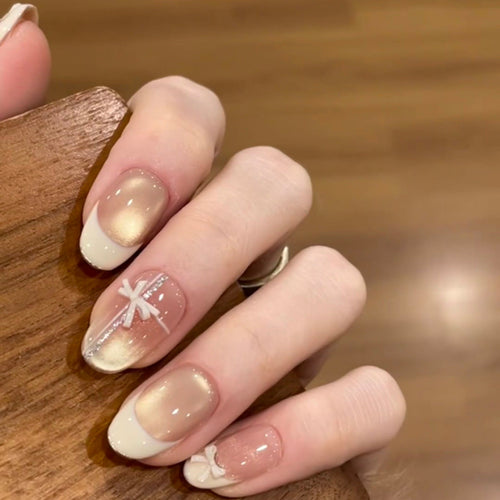 Beige Cat Eye French short oval press-on nails