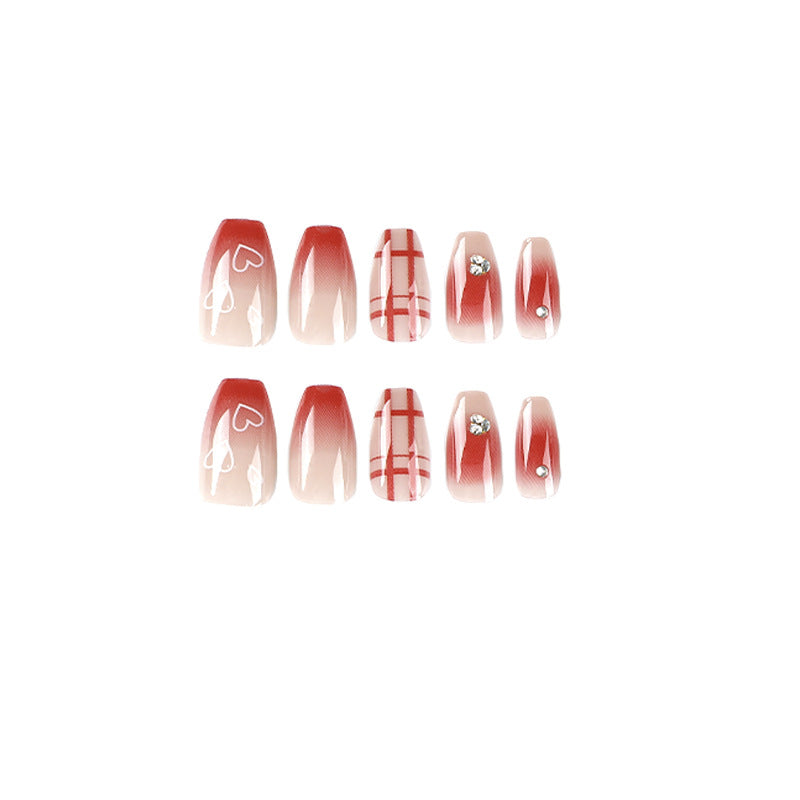 Ruby Plaid Heart rhinestone press-on nails