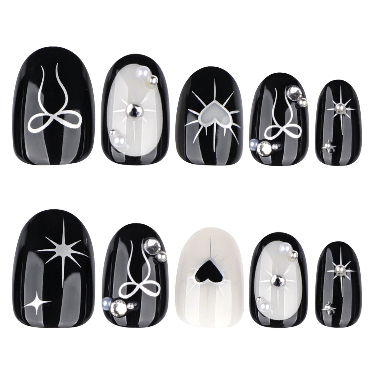 Pearl Bow Noir black and white heart press-on nails