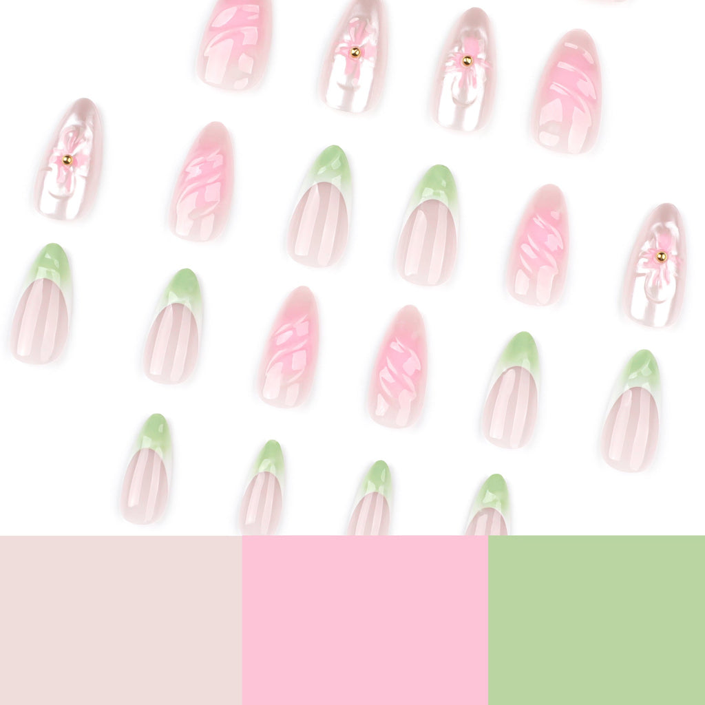 Sage Blossom French 3D short almond press-on nails