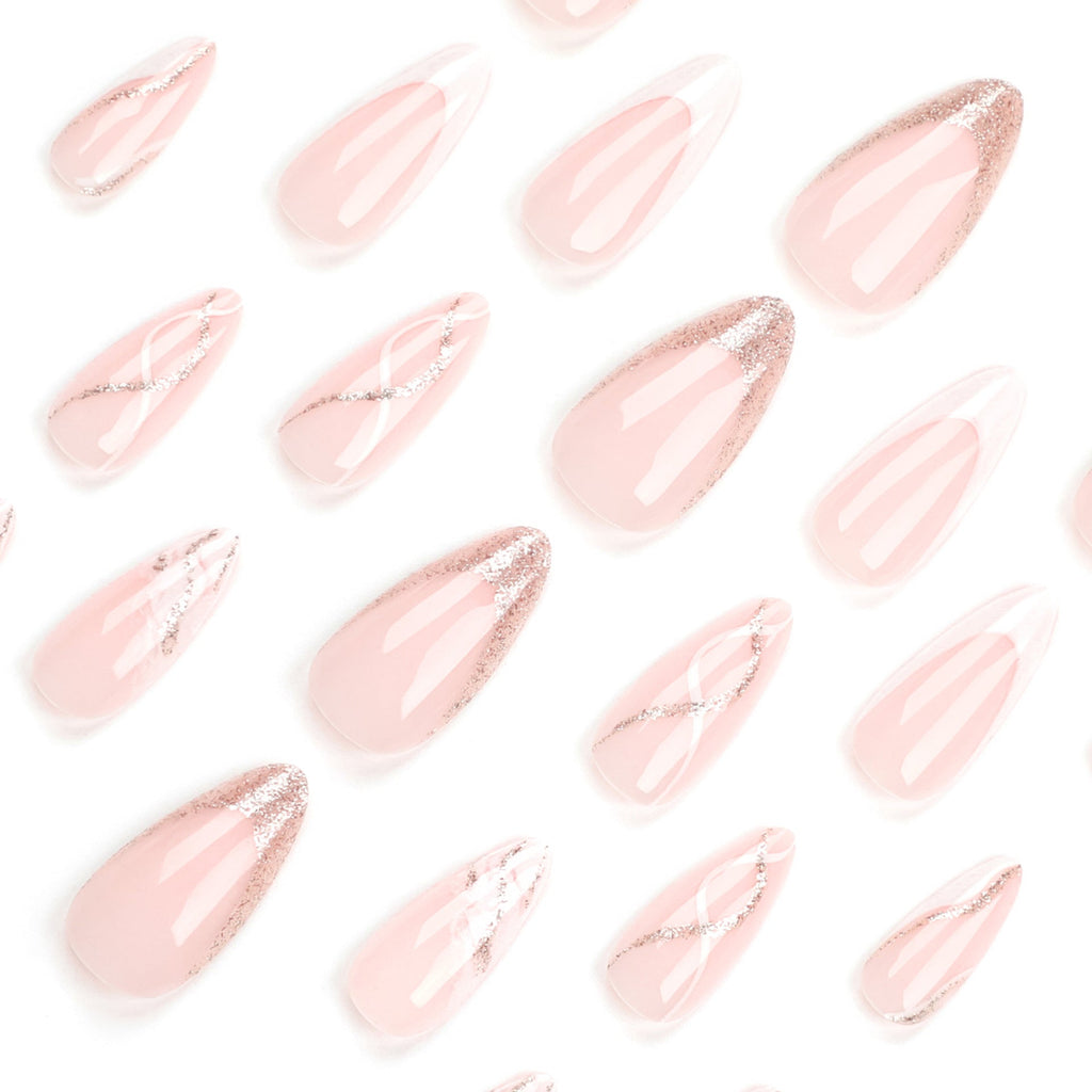Blush Marble Glow almond press-on nails