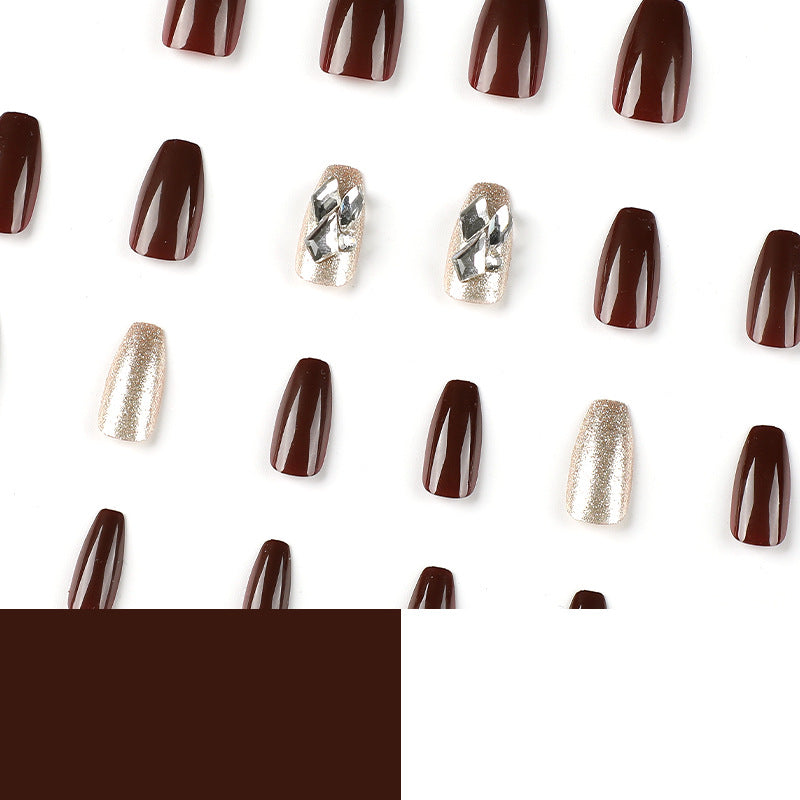 Burgundy Gold Sparkle rhinestone press-on nails