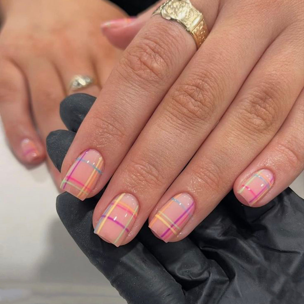 Pastel Plaid short square press-on nails