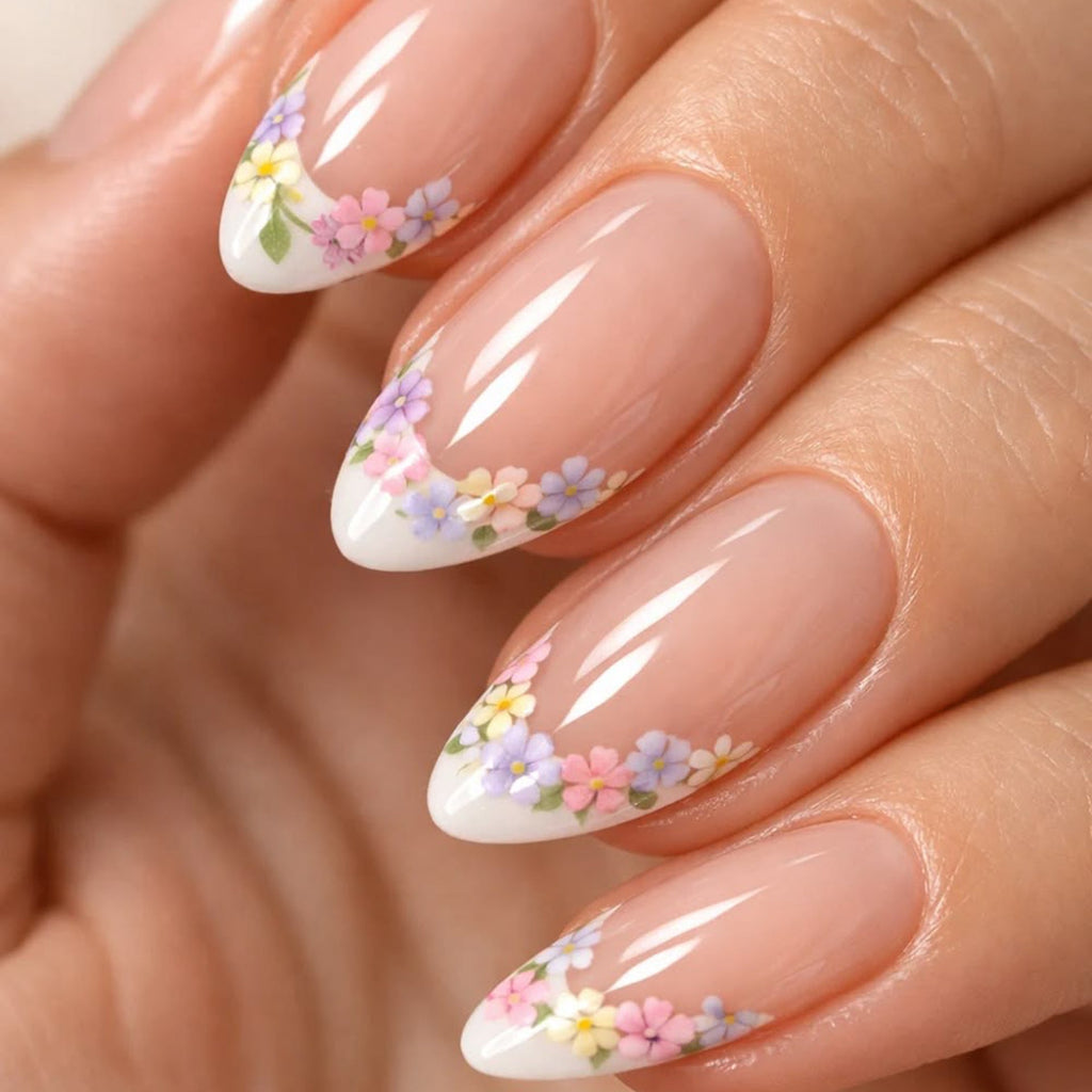 Pastel Floral French stiletto press-on nails