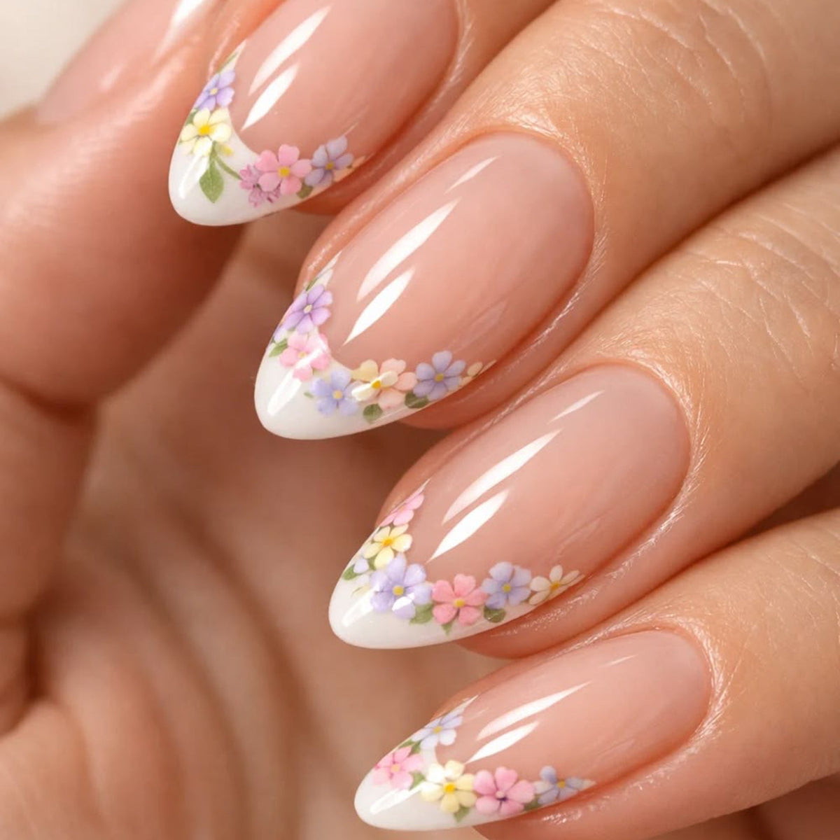 Pastel Floral French stiletto press-on nails