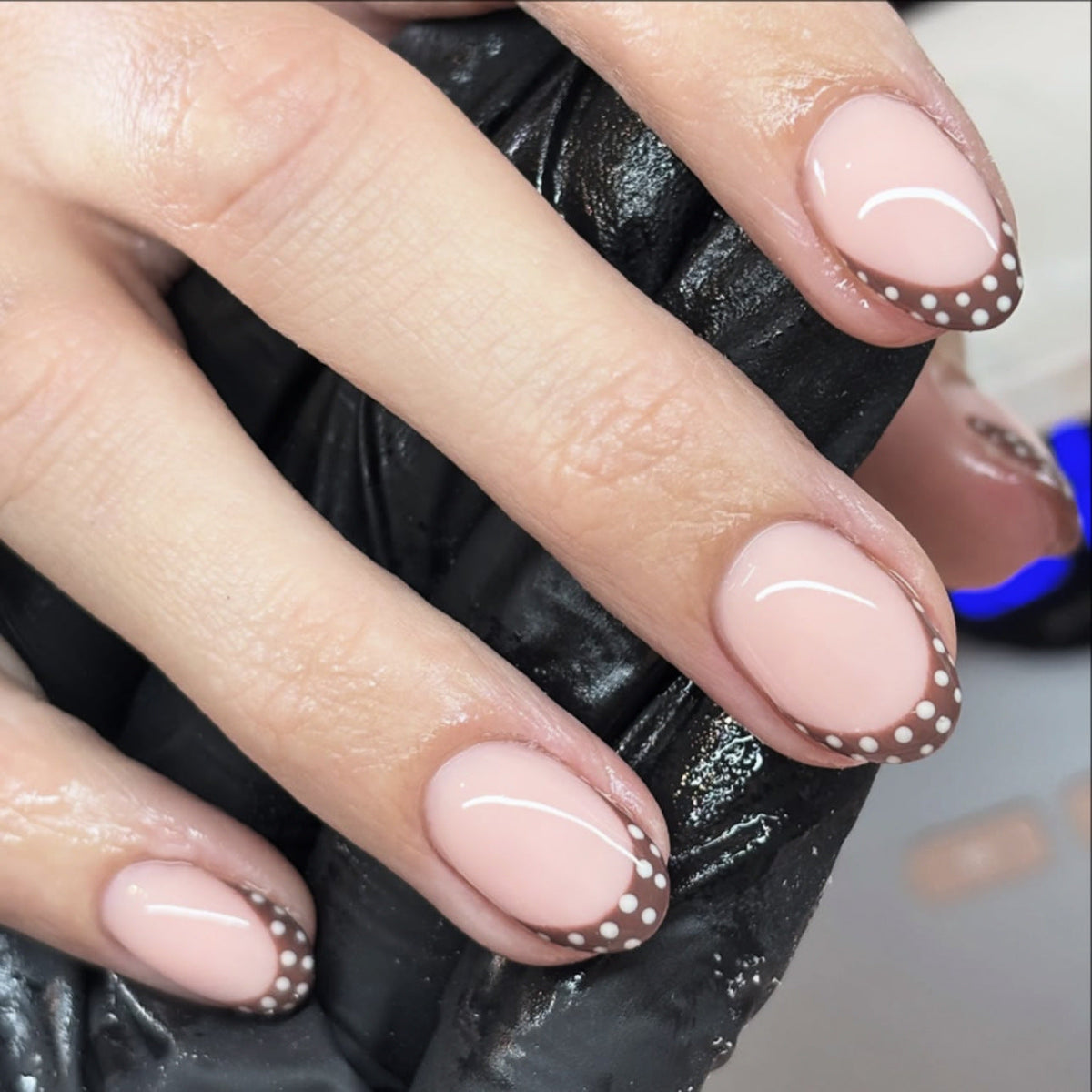 Cocoa Dot French short oval press-on nails