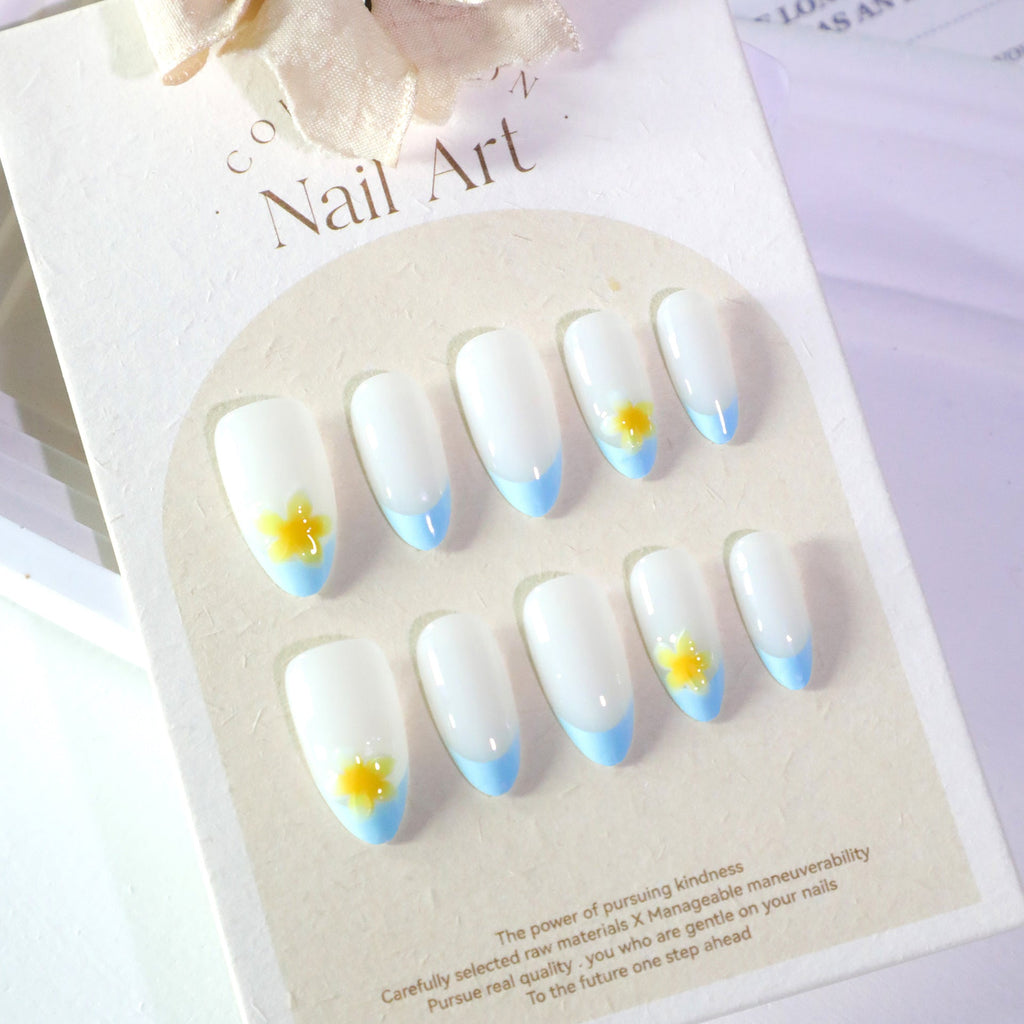 Tropical Blue French short round 3D floral press-on nails, alternate view 3