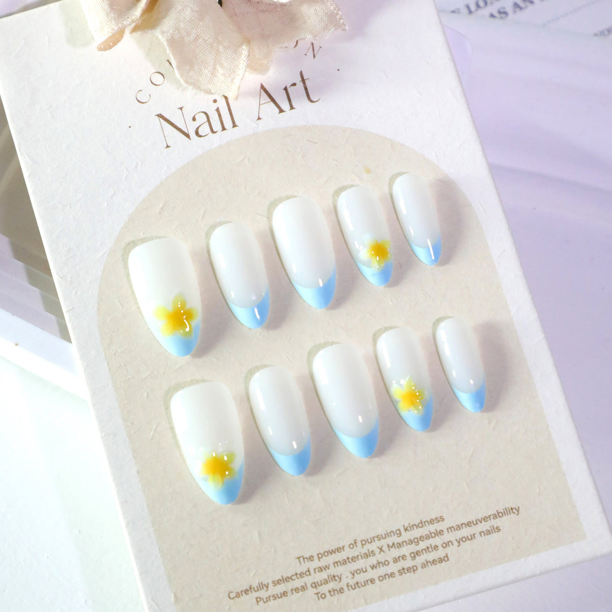 Tropical Blue French short round 3D floral press-on nails, alternate view 3