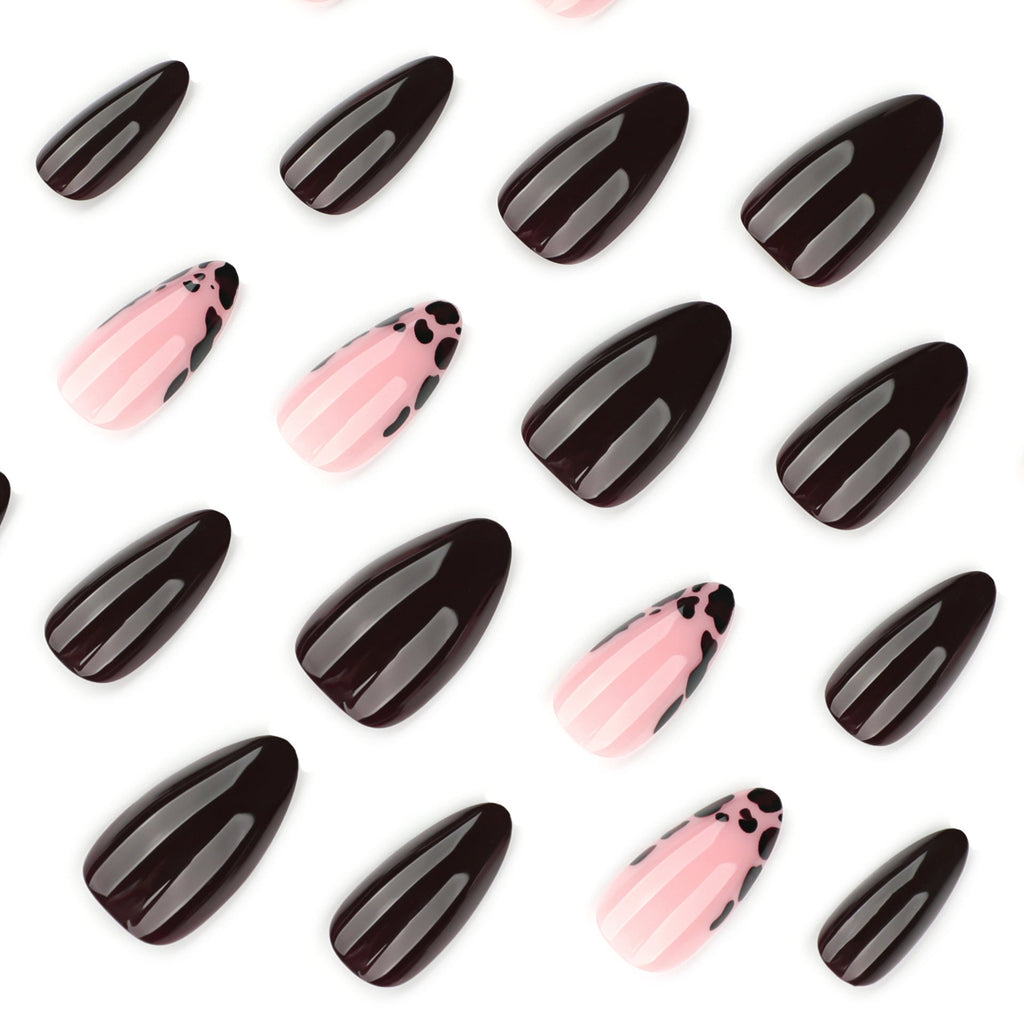 Pink Cow Print glossy almond press-on nails