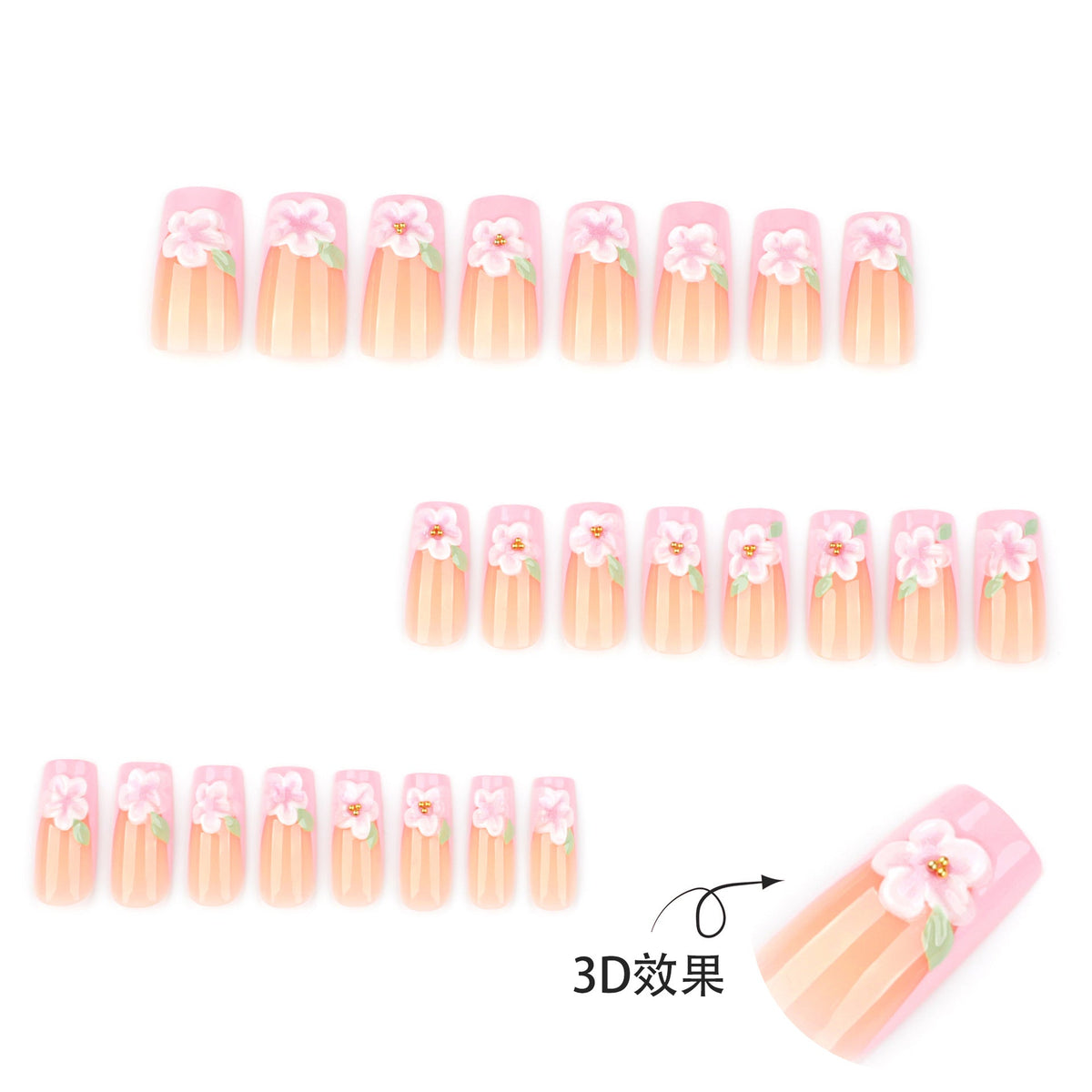 Pink 3D Blossom French long square press-on nails