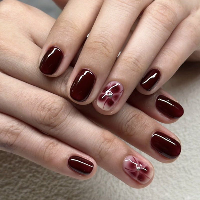 Burgundy Bloom floral press-on nails