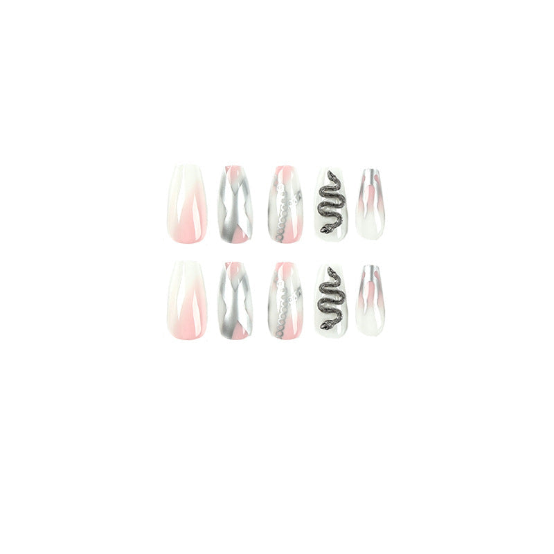 Silver Serpent Flame 3D rhinestone press-on nails