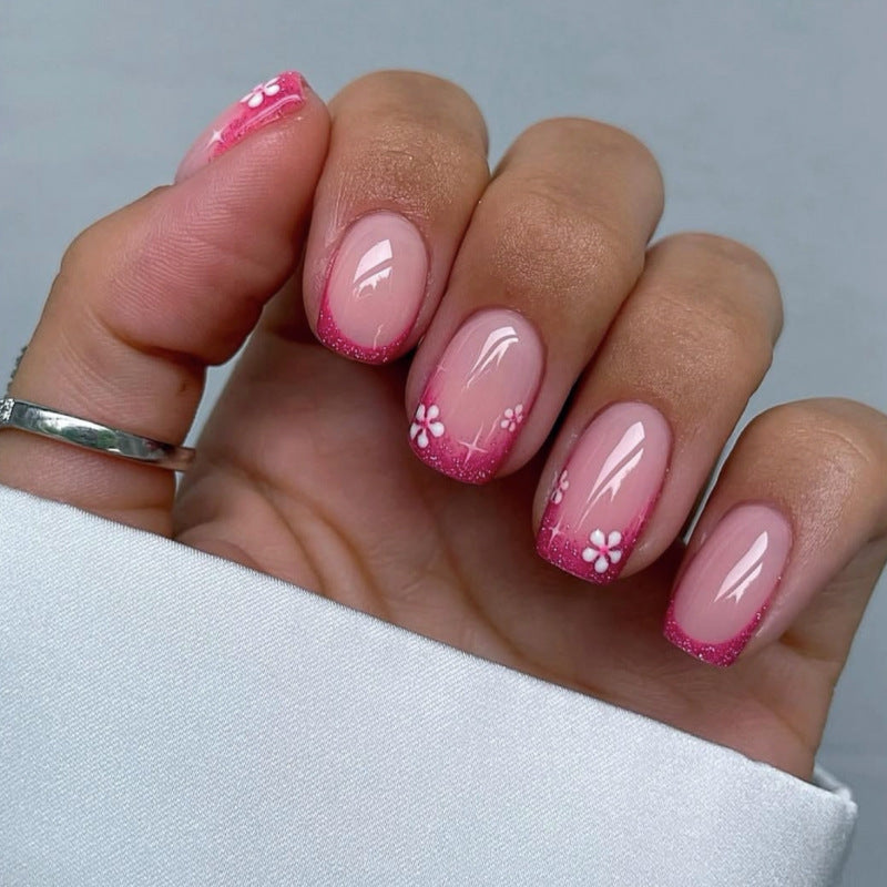 Rose Glitter French short square press-on nails