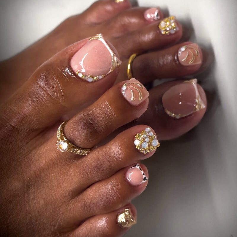 Nude Gold Rhinestone press-on toenails