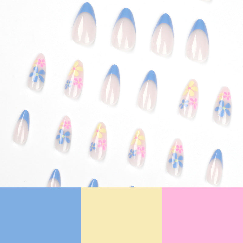 Blue Blossom French medium floral press-on nails